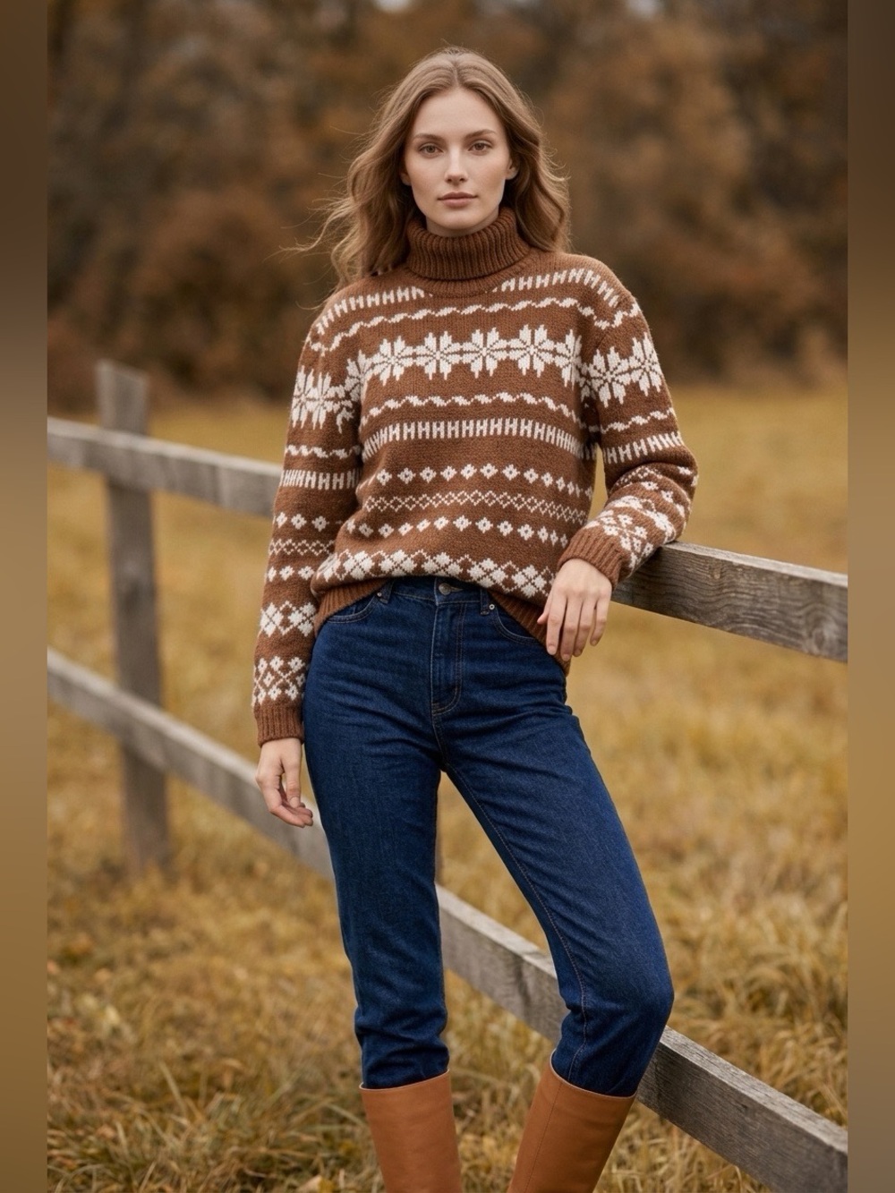 Vintage J.Crew 100% Wool Fair Isle Turtleneck Sweater Brown Cream L
